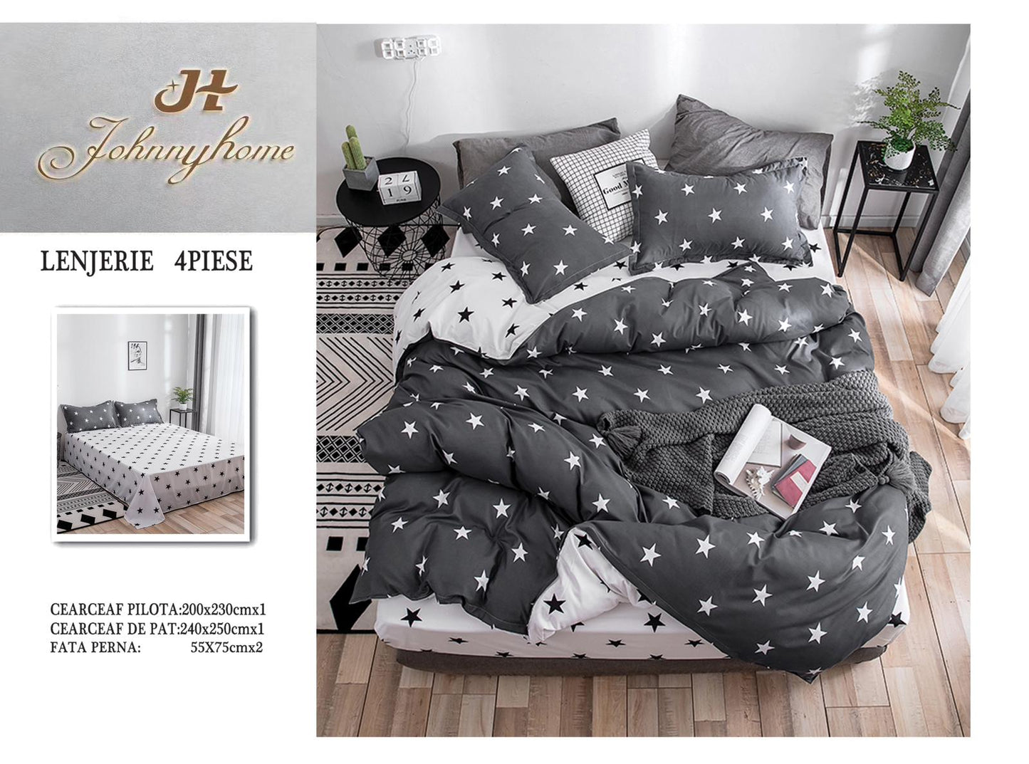 Lenjerie de pat Bumbac satinat, 4 piese, alb negru, A50-599