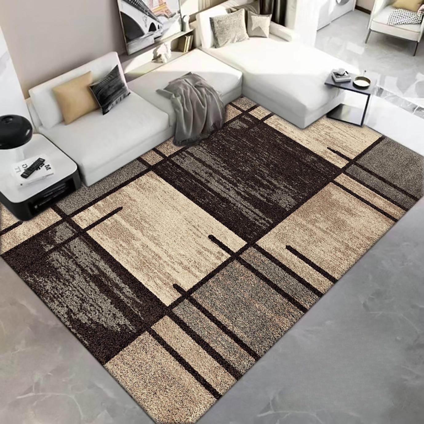 Covor geometric cu model abstract, cu patrate, Bej Maro