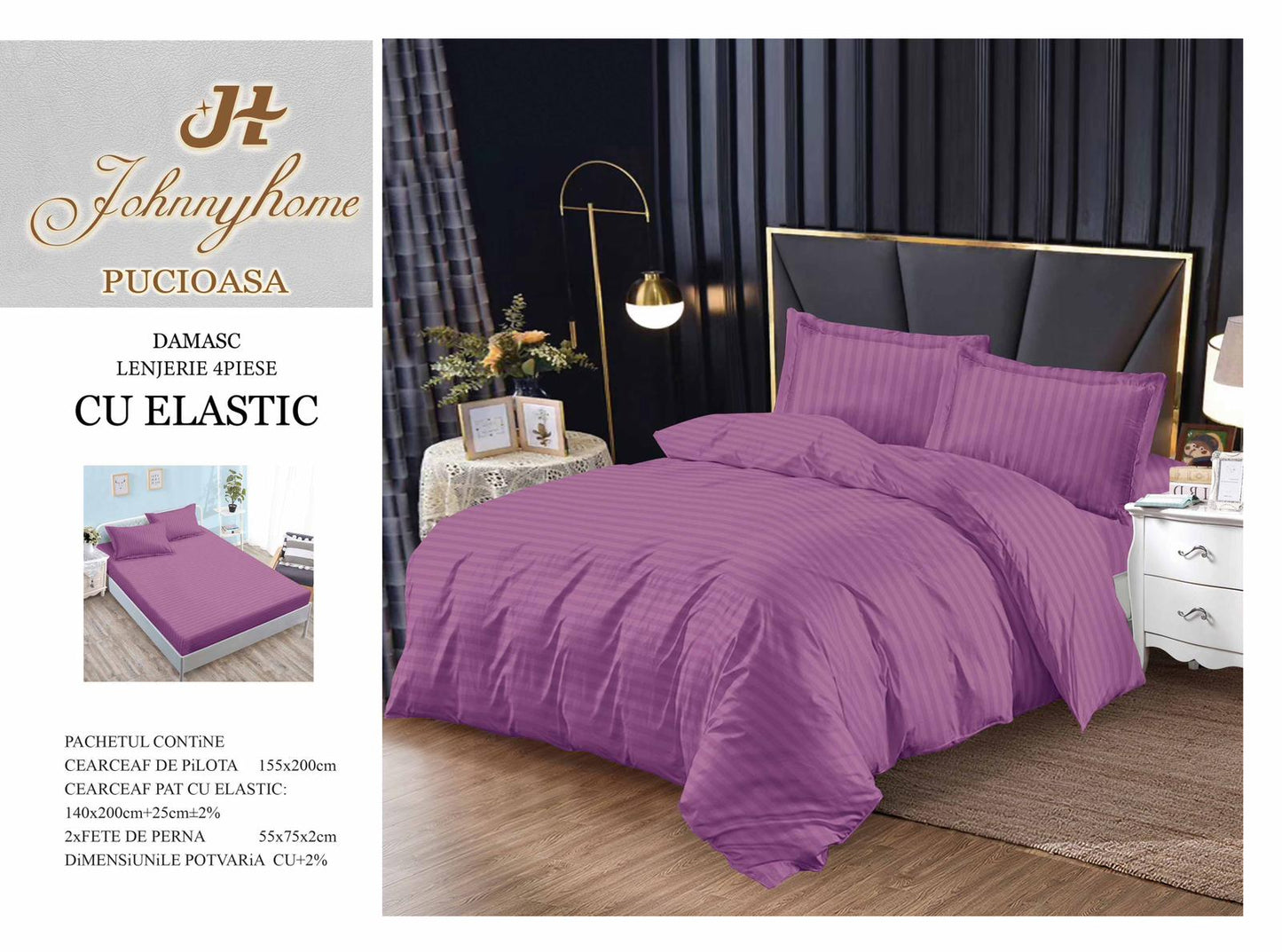 Lenjerie de pat din bumbac damasc cu ELASTIC, 4 piese, G-10