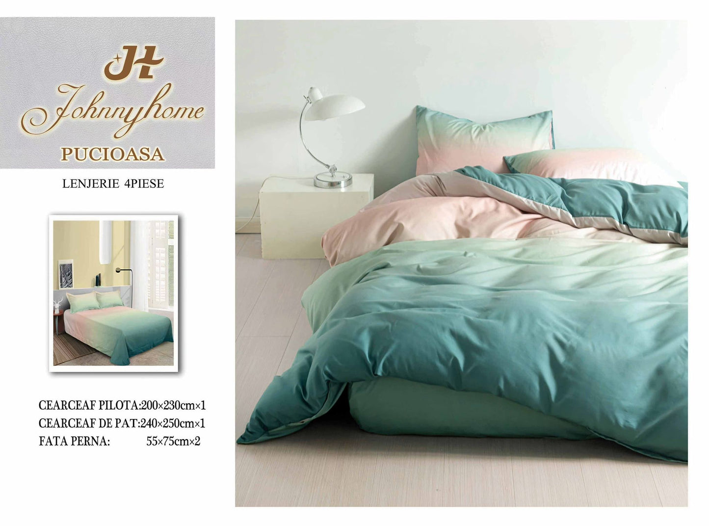 Lenjerie de pat Bumbac satinat, 4 piese, turcoaz roz, A50-656