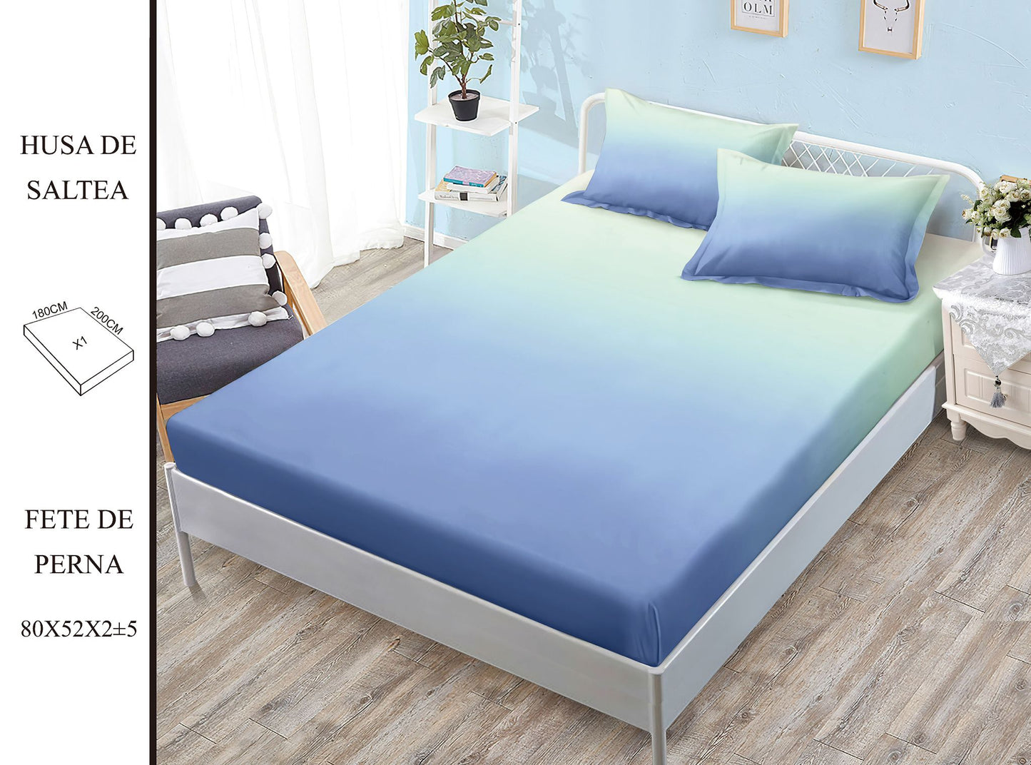 Husa de pat din bumbac Finet cu elastic, 180x200, 3 piese, Uni, G-240