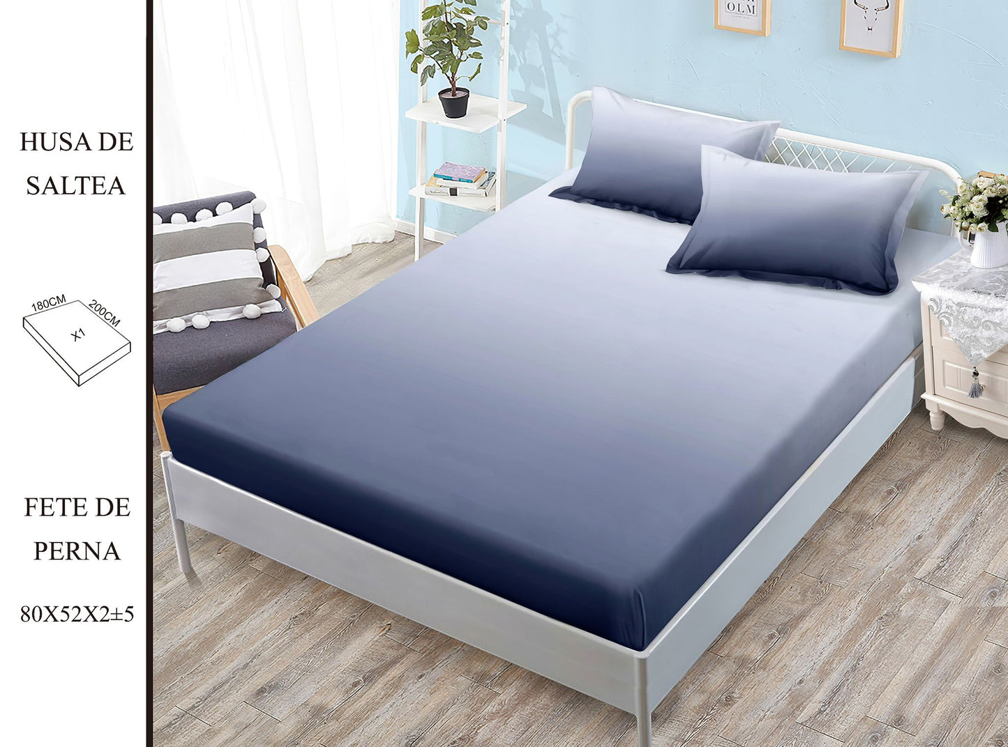 Husa de pat din bumbac Finet cu elastic, 180x200, 3 piese, Uni, G-241