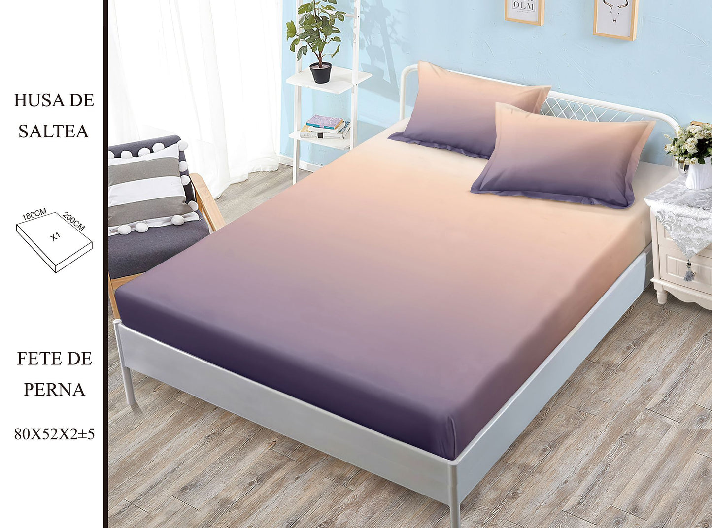 Husa de pat din bumbac Finet cu elastic, 180x200, 3 piese, Uni, G-247