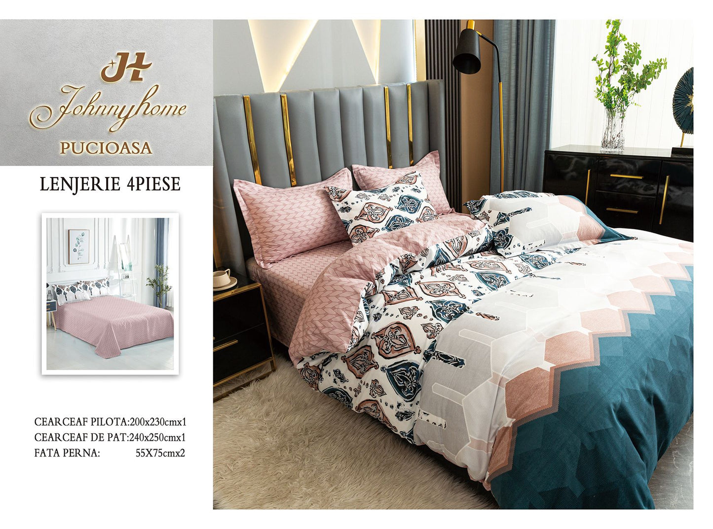 Lenjerie de pat Bumbac satinat, 4 piese, Multicolor