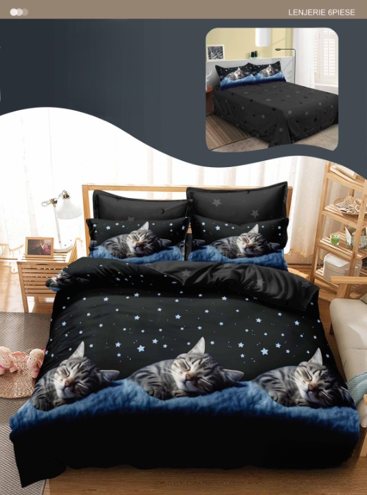 Lenjerie Copii 3D 6 Piese – Pisicuțe Elegante pe Negru