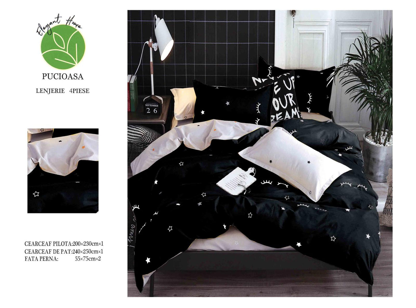 Lenjerie de pat Bumbac satinat, 4 piese, alb negru, A50-564