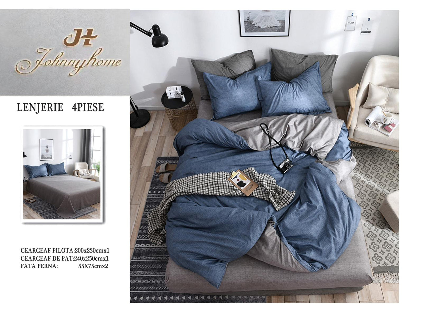 Lenjerie de pat Bumbac satinat, 4 piese, Albastru, A50-587