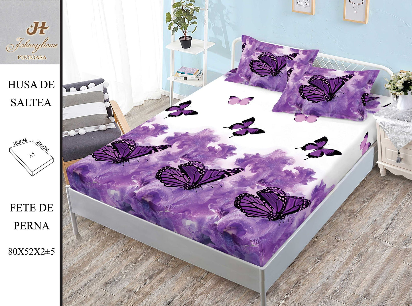 Husa de pat din bumbac Finet cu elastic, 180x200, 3 piese, Fluturi, G-253