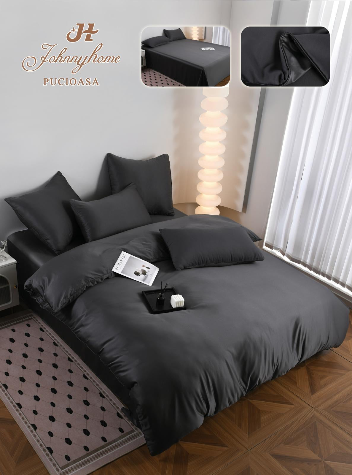 Lenjerie de Pat din Mătase Satinată – 6 Piese, Culori Uni, Premium