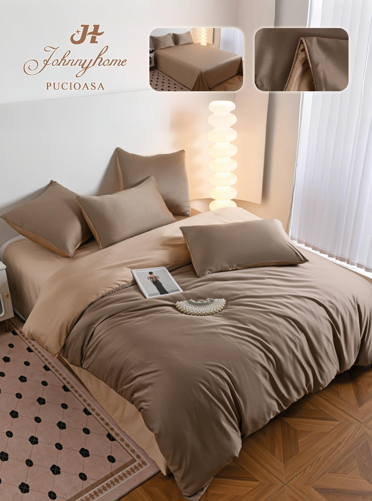 Lenjerie de Pat din Mătase Satinată – 6 Piese, Culori Uni, Premium