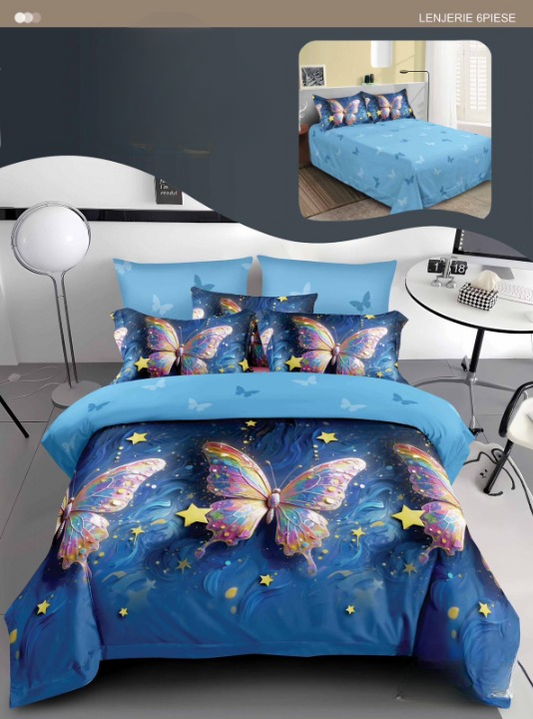 Lenjerie Copii 3D 6 Piese – Fluturi Veseli pe Albastru