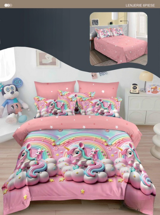 Lenjerie Copii 3D 6 Piese – Unicorni în Culorile Curcubeului