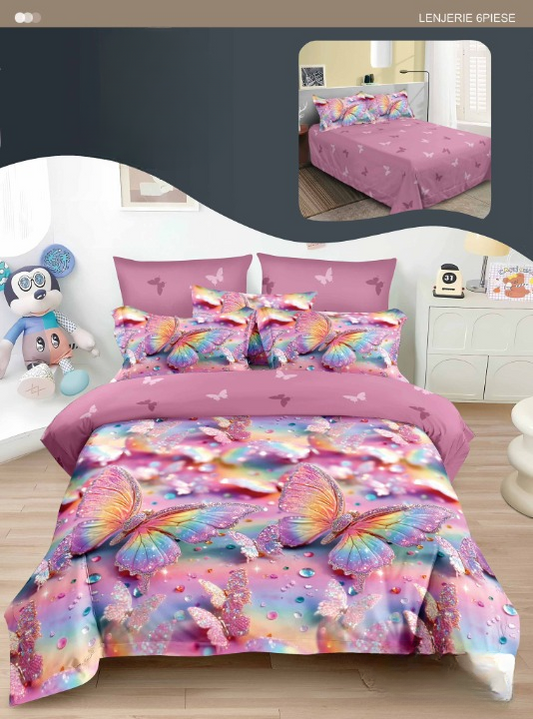 Lenjerie Copii 3D 6 Piese – Curcubeu Fermecat cu Fluturi
