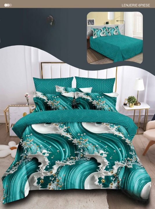 Lenjerie Copii 3D 6 Piese – Valuri de Relaxare Turcoaz