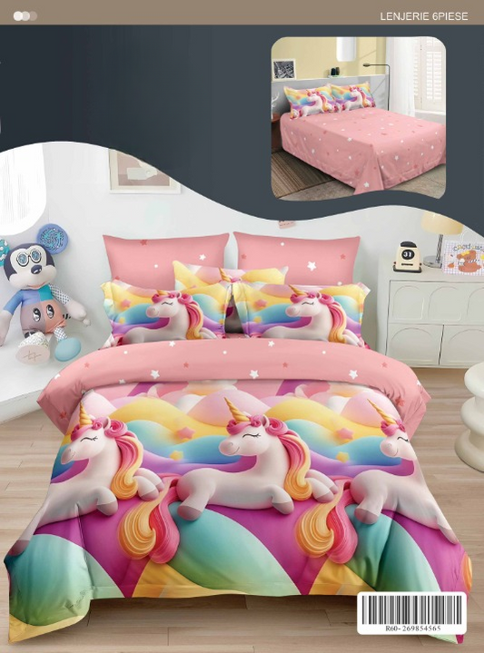 Lenjerie Copii 3D 6 Piese – Lumea Magică a Unicornilor