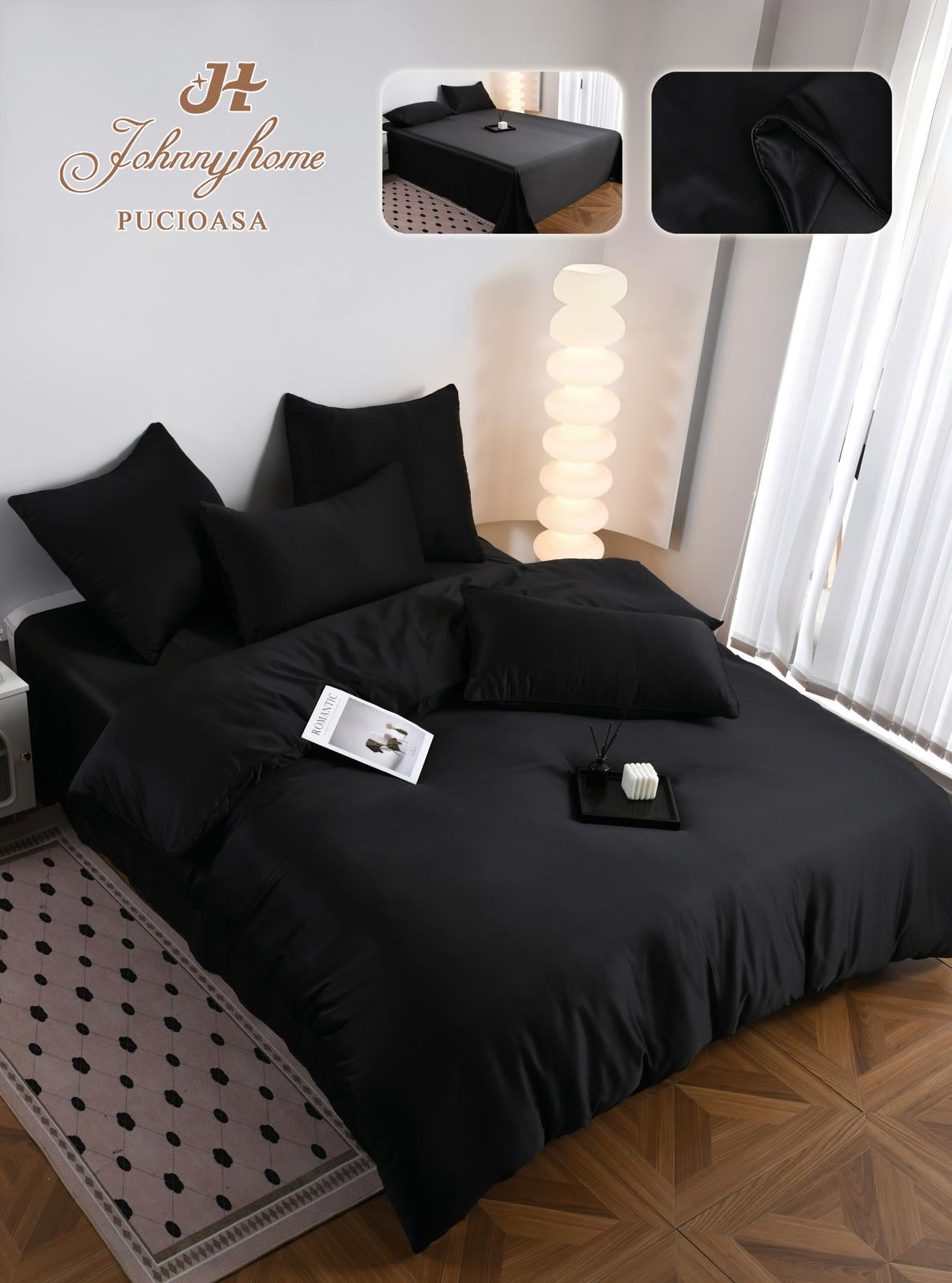 Lenjerie de Pat din Mătase Satinată – 6 Piese, Culori Uni, Premium