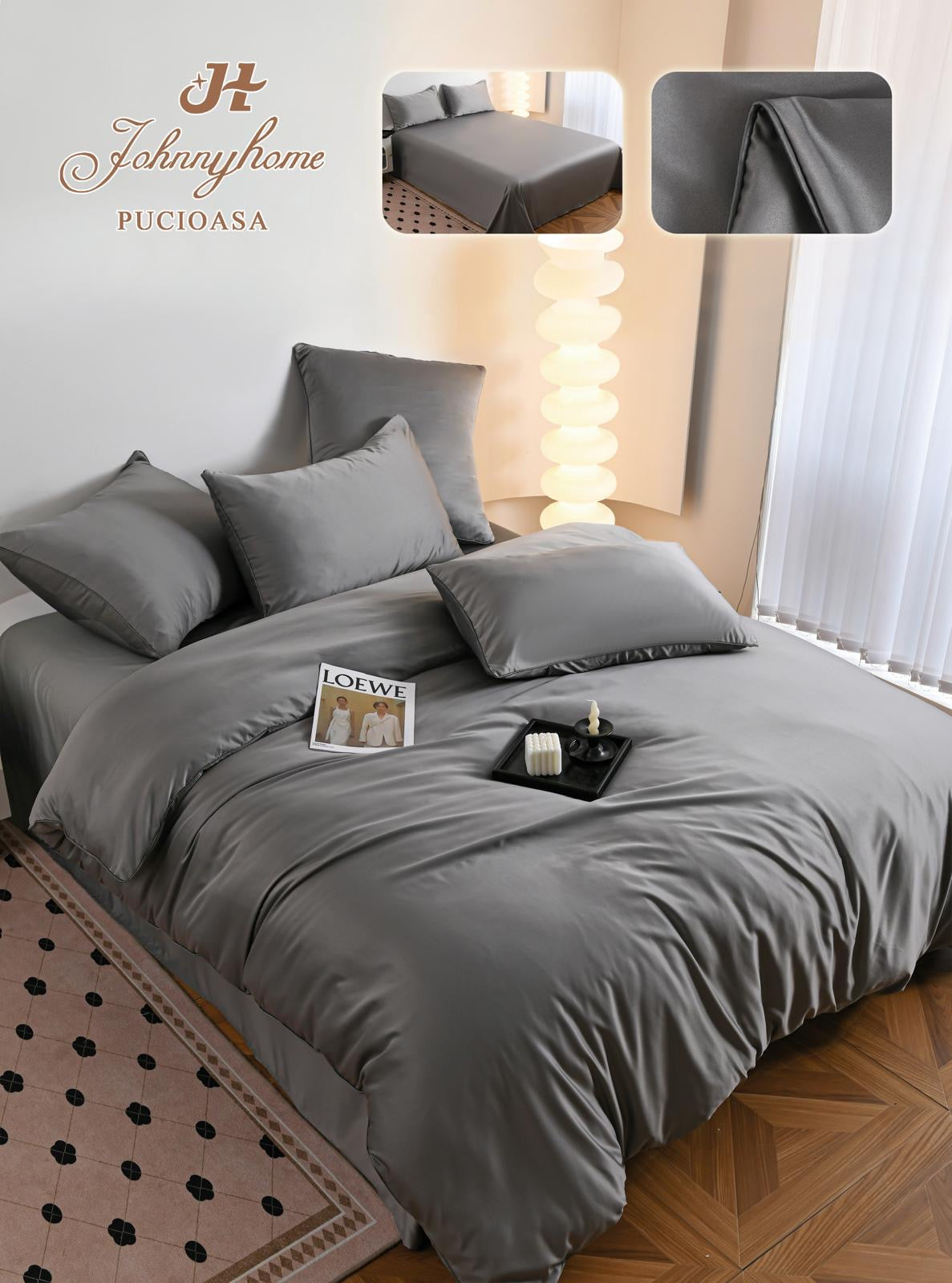 Lenjerie de Pat din Mătase Satinată – 6 Piese, Culori Uni, Premium