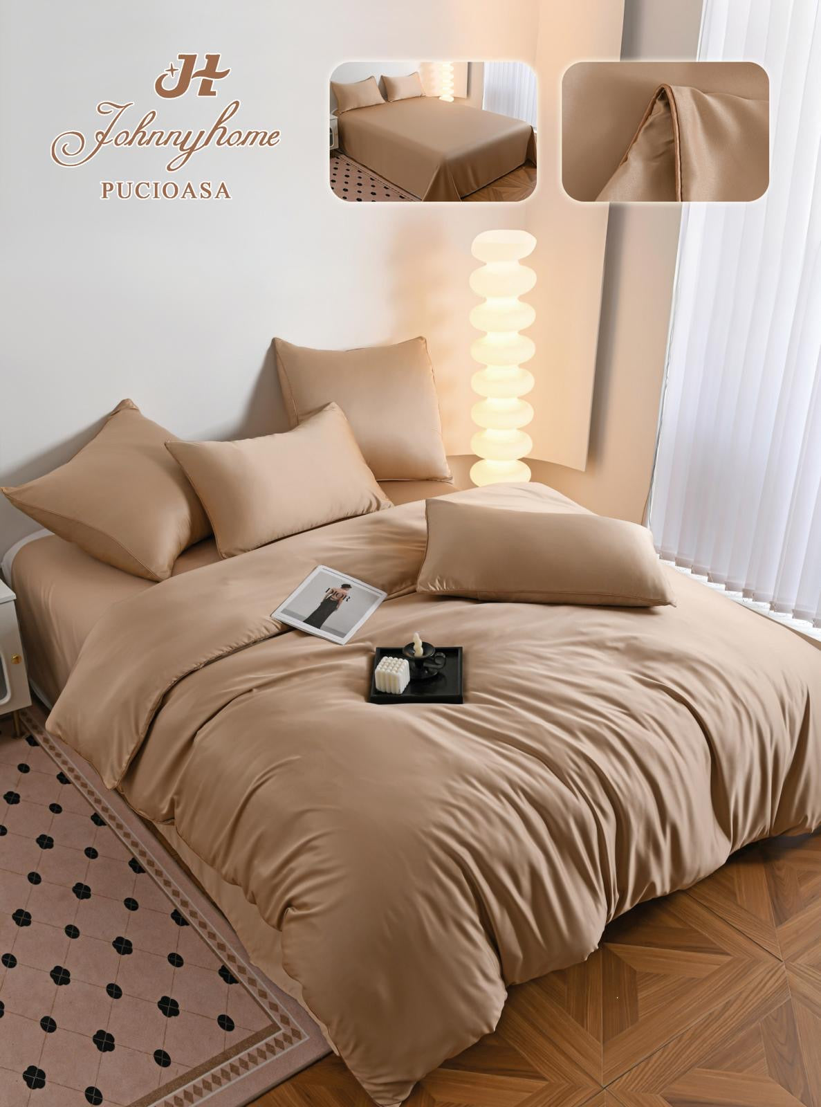 Lenjerie de Pat din Mătase Satinată – 6 Piese, Culori Uni, Premium