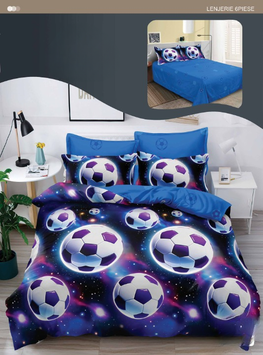 Lenjerie Copii 3D 6 Piese – Mingii Albe pe Cer Albastru